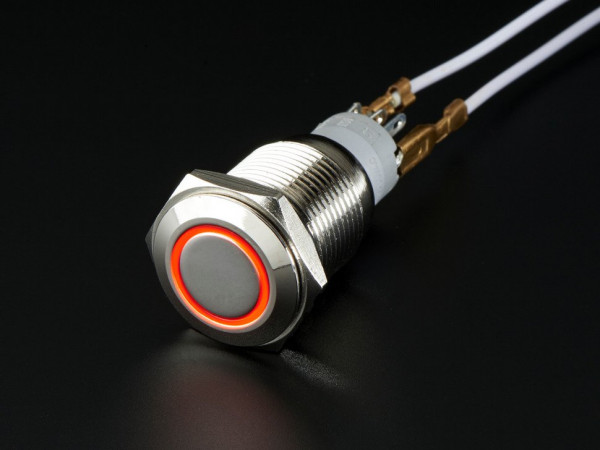 Rugged Metal Pushbutton with Red LED Ring - 16mm Red Momentary